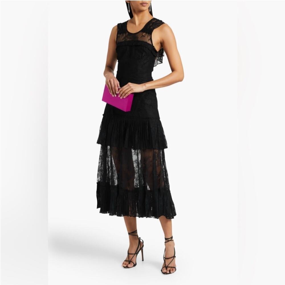 Alexis‎ Feliciana Tie Back Pleated Chantilly Lace Midi Dress In Black Size XS